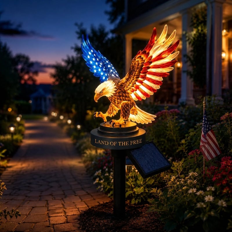 Solar eagle light glowing along evening walkway