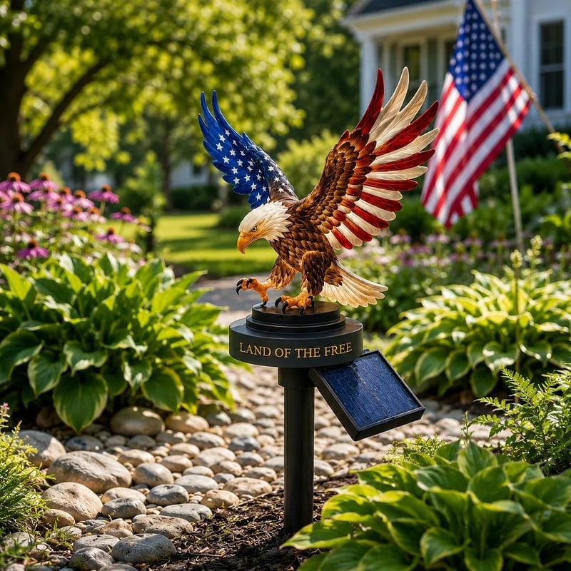 Solar eagle garden stake in daytime garden with American flag