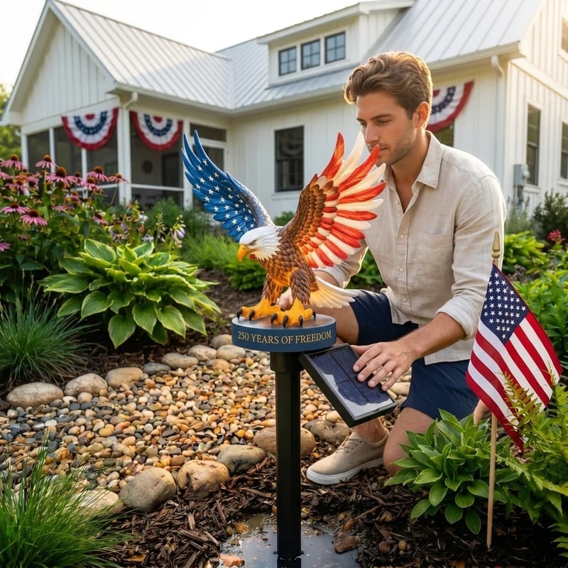 Man placing solar eagle garden light in front yard