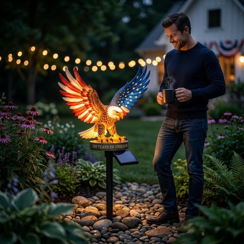 Man enjoying glowing patriotic eagle garden light at dusk