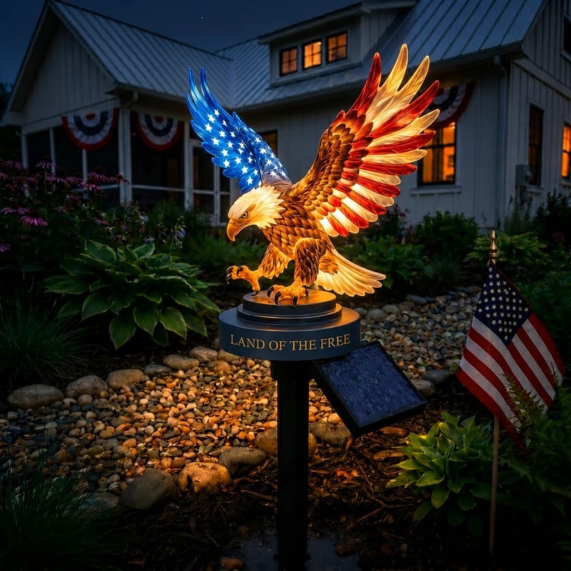 Solar Eagle Garden Light glowing in front yard at night